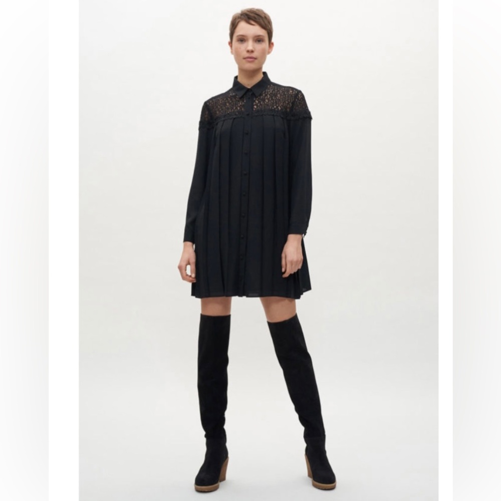Chic Black Lace Pleated Shirt Dress By Claudie Pierlot, Paris, Size EU 36/ US 6